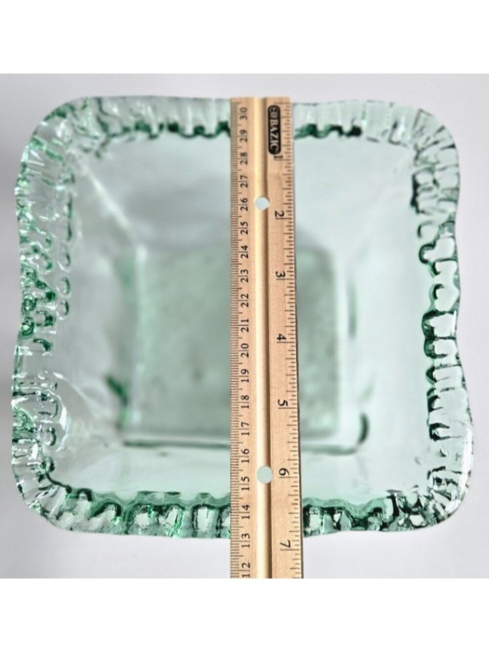 Square Green Recycled Glass Bowl Approximately 7" Square x 3" deep w/Cut Outs - Picture 3 of 9